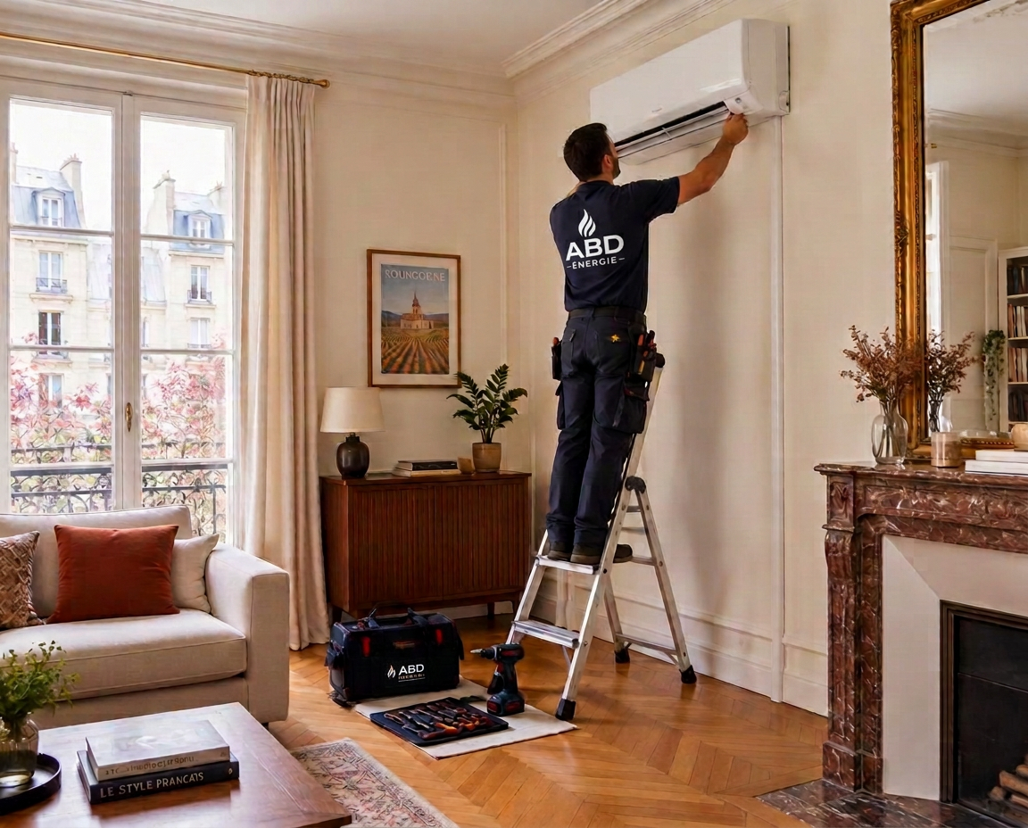 Technicien ABD Énergie installant un split mural dans un salon lumineux près de Chalon-sur-Saône