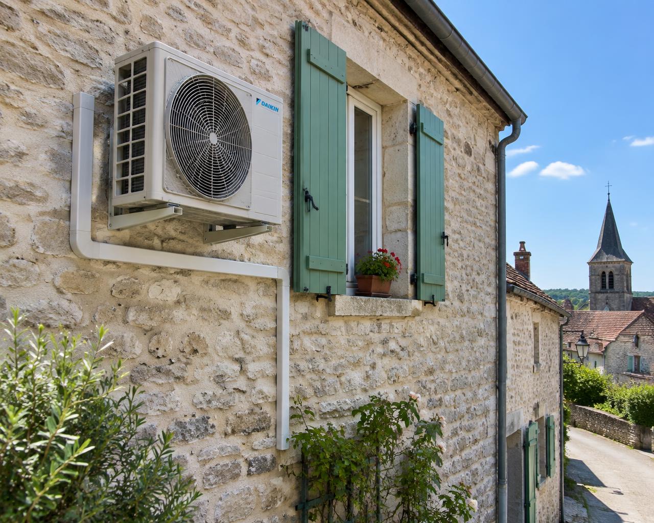 Groupe extérieur de climatisation posé sur la façade en pierre d'une maison bourguignonne