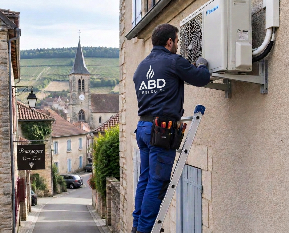 Technicien ABD Énergie sur échelle raccordant une unité extérieure de climatisation