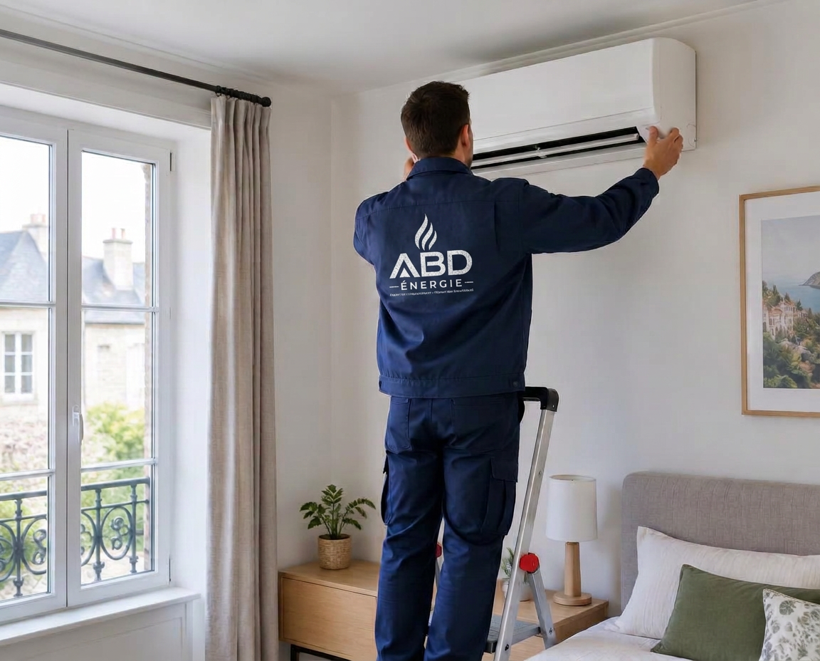 Pose d'un split mural dans une chambre par un technicien ABD Énergie