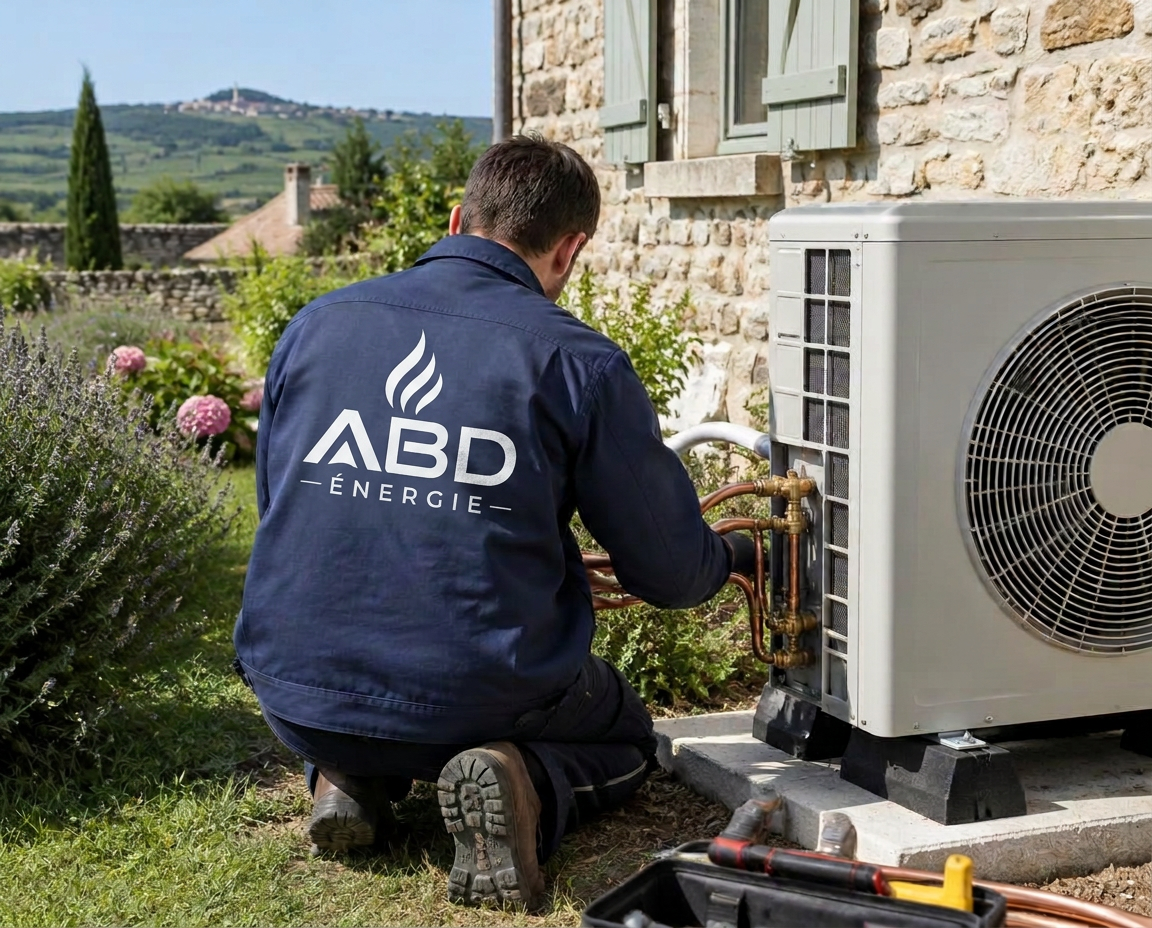 Raccordement d'un groupe extérieur de climatisation dans le jardin d'une maison en pierre
