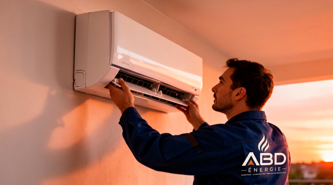 Technicien ABD Énergie installant une climatisation